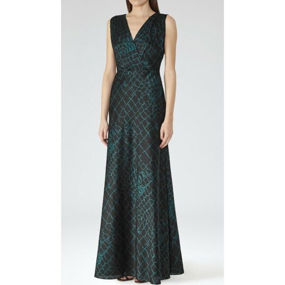 REISS Bebe Patterned Maxi Dress‎ Green/Black Sz4 - Picture 1 of 8